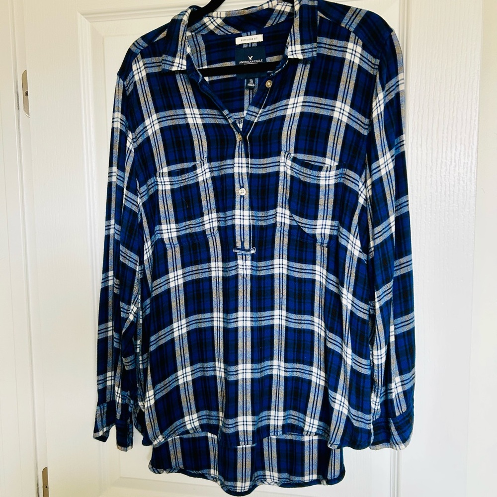 American Eagle Outfitters Boyfriend Fit Navy and White Checkered Shirt